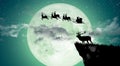 Silhouette of Santa Claus flying over the full moon