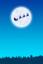 Silhouette of Santa Claus flying in a sleigh pulled by reindeer against background of night sky and full moon.