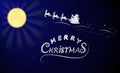 Silhouette of Santa Claus in sleigh with reindeers flying on night background of the sky with the shining moon and snowflakes Royalty Free Stock Photo