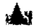 Silhouette Santa put gifts and girl decorates Christmas tree