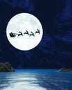 Silhouette Santa and Reindeer with flying in the dark sky with full moon and many stars. The concept for Christmas eve. Super moon Royalty Free Stock Photo