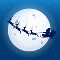 Silhouette Santa and reindeer flying night sky.