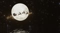 Silhouette Santa and Reindeer with golden magic sparkle flying in the dark sky with full moon and many stars. Concept for Royalty Free Stock Photo