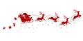 Silhouette of Santa on a sleigh flying with deer and throwing gifts on a white.