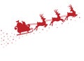 Silhouette of Santa on a sleigh flying with deer and throwing gifts on a white. Royalty Free Stock Photo
