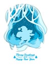 Silhouette of Santa on winter forest background. Lettering Merry Christmas and Happy New Year. Colorful paper cut layered. Royalty Free Stock Photo