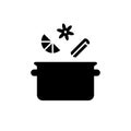 Silhouette Saucepan with spices. Outline icon of brewing process. Cooking mulled wine or compote on stove. Cinnamon stick, citrus