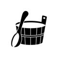 Silhouette sauna emblem. Outline icon of wooden tub, bath ladle. Classic accessory for Russian banya. Black simple illustration of