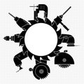 A set of construction power tools for repairing and round circular saw. Vector illustration. Black silhouette. Royalty Free Stock Photo