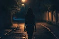 Silhouette of scared young woman walking alone at night, insecurity and stalker concept Royalty Free Stock Photo
