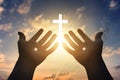 Silhouette scars in hands of Jesus Christ on sunrise background Royalty Free Stock Photo