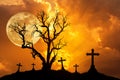 Silhouette scary dead tree and silhouette spooky crosses in mystic graveyard with big full moon. Royalty Free Stock Photo