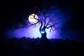 Silhouette of scary Halloween tree with horror face on dark foggy toned background with moon on back side. Scary horror tree with