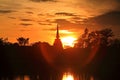 Silhouette scene of pagoda at sunset in Sukhothai Royalty Free Stock Photo