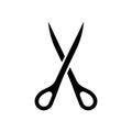 Silhouette scissors icon. Outline tailor scissors with sharp ends. Black illustration of sewing studio, stationery, dressmaking.