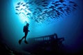 silhouette of scuba diver observing barracuda school from distance Royalty Free Stock Photo