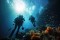 Silhouette of scuba divers in the deep blue sea, Extreme divers in the coral reef, no visible faces, AI Generated