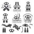 Silhouette of scuba and divers. Labels for sea sport club Royalty Free Stock Photo