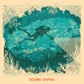 Silhouette of scuba driver swiiming deep underwater.Vintage sea