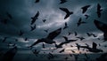 Silhouette seagulls spread wings in tranquil twilight coastline generated by AI Royalty Free Stock Photo