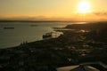 Silhouette Seattle cityscape and port at sunset