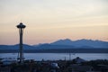 Silhouette of Seattle's Space Needle with the Olympic Mountains in the background. Royalty Free Stock Photo