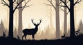 Silhouette of a serene forest scene with tall, leafless trees and multiple deer, including two Royalty Free Stock Photo