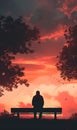 silhouette of serene lonely man sitting on park bench under tree at sunset, tranquility and calmness concept Royalty Free Stock Photo