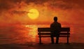 silhouette of serene lonely man sitting on park bench under tree at sunset, tranquility and calmness concept Royalty Free Stock Photo