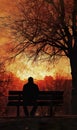 silhouette of serene lonely man sitting on park bench under tree at sunset, tranquility and calmness concept Royalty Free Stock Photo