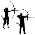 Silhouette set attractive male and female archer bending a bow and aiming in the target