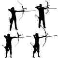 Silhouette set attractive male and female archer bending a bow and aiming in the target