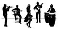 Silhouette Set of Latin Band with Dancer Girl. Four Latin musicians playing acoustic guitars, trumpet, percussion, woman dancing