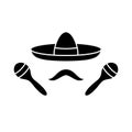 Silhouette set for mexican man. Sombrero, mustache, maracas. Outline separate icons of traditional attributes of fun, dance, music