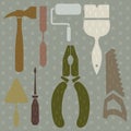 Silhouette set of tools hammer, pliers, a putty knife, saw, screwdriver. Royalty Free Stock Photo