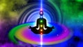 Silhouette of a seven chakra meditation person on a spiral background