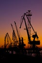 Silhouette of several cranes in a harbor Royalty Free Stock Photo