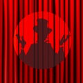 Silhouette, shadow, magician, actor, closed the curtain on a background of red, theater, circus, posters, arena, isolated