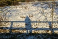 Silhouette, shadow of a woman and a bridge railing in the snow Royalty Free Stock Photo