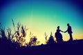 Silhouette, Shape of a bride and groom at sunset. Newlyweds with background in nature