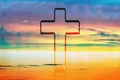 Silhouette of shining cross on sunset, sunrise background. Banner. Copy space. Easter, Ascension day concept. Church