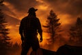 Silhouette shot of lumberjack against backdrop of fiery sunset. Generative AI