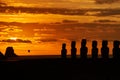 Silhouette shot of the moai statues over a background of a golden sunset at Easter Island