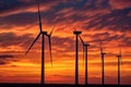 A silhouette shot of wind turbines against a colorful sunset sky. Generative AI