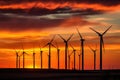 A silhouette shot of wind turbines against a colorful sunset sky. Generative AI