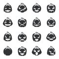 Silhouette simple halloween pumpkin decoration scary faces smile emoji icons set isolated design vector illustration