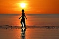 Silhouette of single Asian girl enjoying herself during sunset on the beach red sky Royalty Free Stock Photo