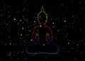 Silhouette of sitting Buddha with space and stars isolated on black background. Vector illustration. Vintage composition. Indian Royalty Free Stock Photo