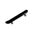Silhouette of a skateboard at an angle, featuring a streamlined deck shape with rounded
