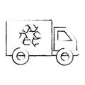 Silhouette sketch blurred transport truck with vagon and recycling symbol